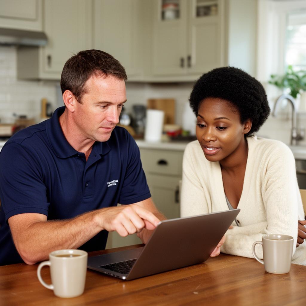 A rep walking a homeowner through their company's color and product library at the kitchen table